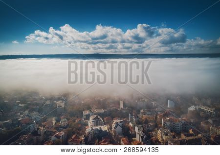 Varna, Bulgaria Aerial Drone View. Beautiful Panorama Of Varna City With Morning Mist.