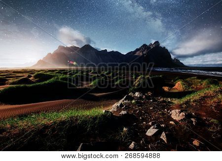 Fantastic West Of The Mountains And Volcanic Lava Sand Dunes On The Beach Stokksness, Iceland. Color