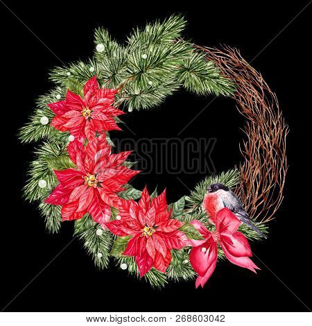 Watercolor Christmas Wreath With Toys, Bow, Berries And Pine. Illustration For Greeting Cards And In