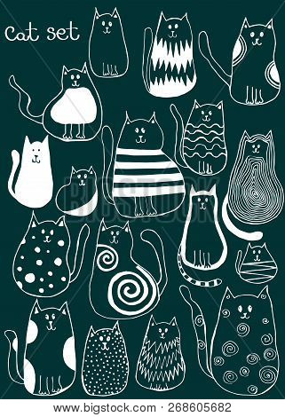 Set Of Cute Doodle Cats. Outline Animal Art.