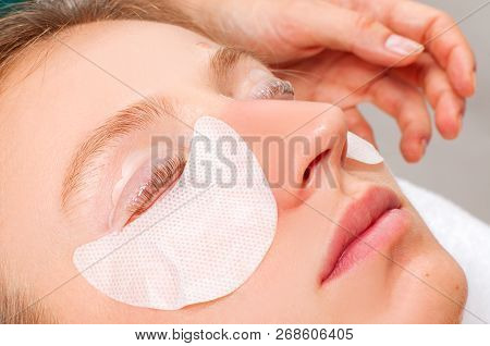 Eyelash Care Treatment Procedures. Woman Doing Lashes Lamination