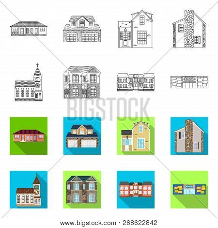 Isolated Object Of Building And Front Symbol. Set Of Building And Roof Vector Icon For Stock.