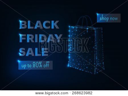 Black Friday Sale Banner With Glowing Low Poly Shopping Bag And Text On Dark Blue Background.