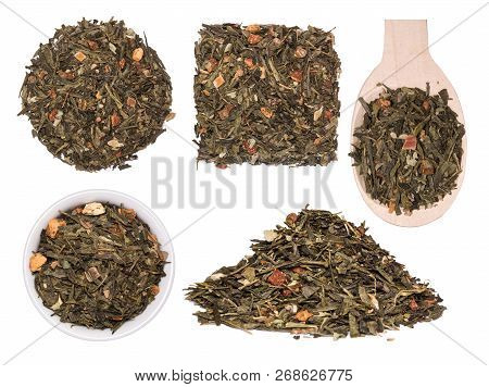 Mix Of Green Tea With Sencha Tea And Strawberry Slices On White Background.