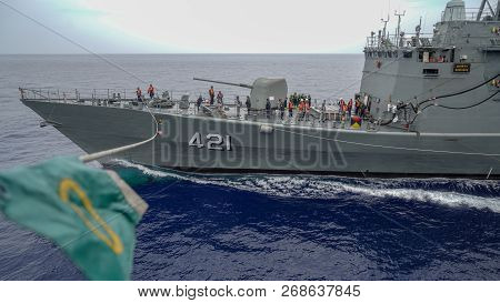 Chonburi, Thailand - May 18, 2016 : Htms Naresaun Refuels At Sea (fas, Fueling At Sea) With Another 
