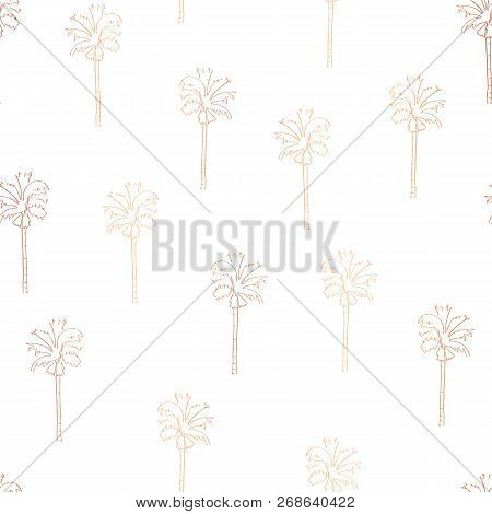 Rose Gold Copper Foil Abstract Palm Trees Seamless Vector Pattern. Shiny Palm Trees On White Backgro