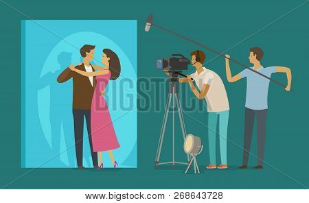 Film Crew Makes A Movie. Cinematograph, Cinema, Filming Concept. Cartoon Vector Illustration
