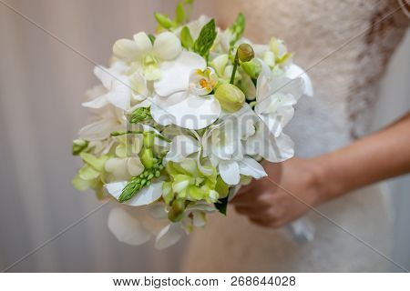 Bridal Bouquet In Rustic Place, For Use In Wedding Websites Or Blogs.