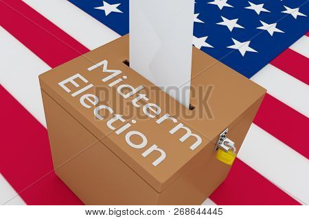 3d Illustration Of Midterm Election Script On A Ballot Box, With Us Flag As A Background.