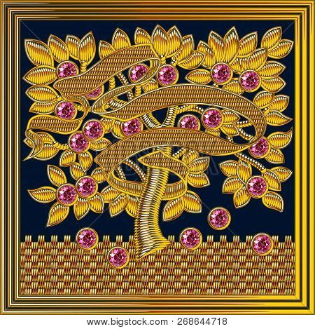 Medieval Goldwork Embroidery Vector Square Frame. Three Shape Black Background.  Ruby Stone