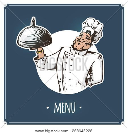 Waiter Serving A Dish With Lid To A Customer. Italian Cafe Or Restaurant Menu Cover Design Template.