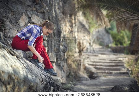 Hiker In An Old Omani Garden In An Old Village Of Misfat Al Abriyeen