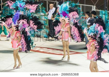 Encarnacion, Paraguay - Feb 7, 2015: Participants Of A Traditional Carnival In Encarnacion, Paraguay