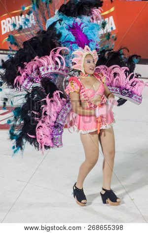 Encarnacion, Paraguay - Feb 7, 2015: Participant Of A Traditional Carnival In Encarnacion, Paraguay