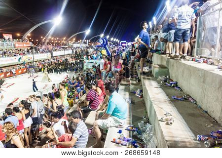 Encarnacion, Paraguay - Feb 7, 2015: Spectators At The Traditional Carnival In Encarnacion, Paraguay