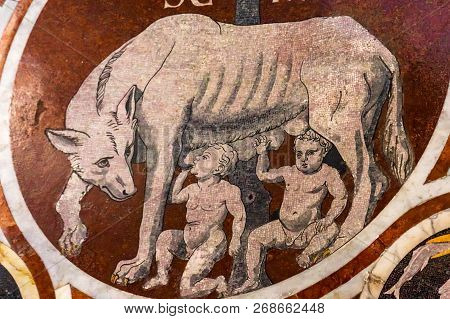 Siena, Italy - September 26, 2017 Roman Wolf Romulus Remus Founders Rome Marble Mosaic Floor Nave Ca