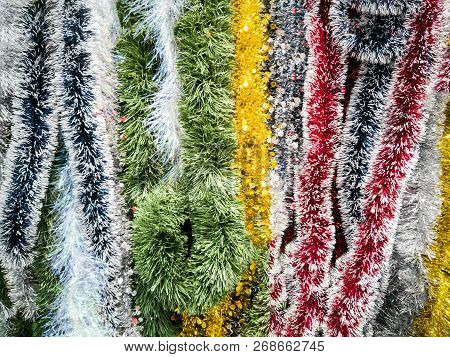 Green, Golden And Silver Christmas Decorations. Christmas Decoration With Shiny Glare. Interior Of A