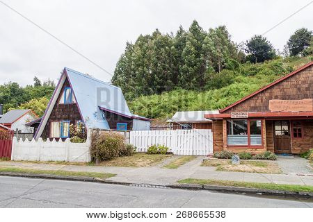 Frutillar, Chile - March 1, 2015 Wooden Houses  In Frutillar Village
