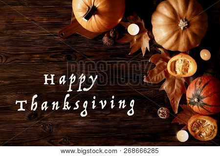 Happy Thanksgiving Concept. Still Life Composition With Pumpkin And Oher Fruits And Vegetble Small D