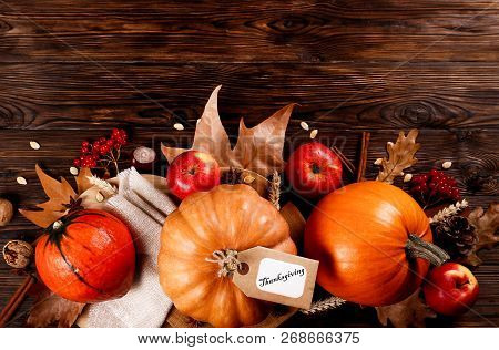 Happy Thanksgiving Concept. Still Life Composition With Pumpkin And Oher Fruits And Vegetble Small D