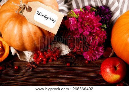 Happy Thanksgiving Concept. Still Life Composition With Pumpkin And Oher Fruits And Vegetble Small D