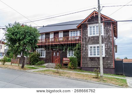Puerto Varas, Chile - Mar 1, 2015: Building Of Hostal Cafeteria Opapa Juan In Puerto Varas.
