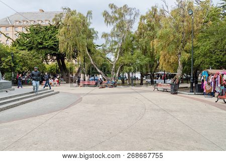 Punta Arenas, Chile - March 3, 2015: People At Plaza Munoz Gamero Square In Punta Arenas, Chile.
