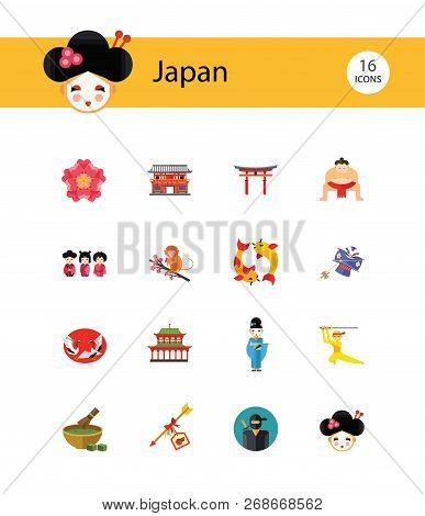 Japan Icon Set. Japanese Kite Japanese Cranes Torii Gate Bonsai Tree Koi Fish Japanese Ninja Sumo Wr