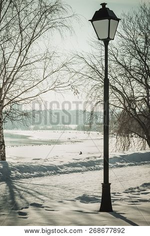 Winter Landscape With Park Lantern And Frozen Moscow-river, Vintage. Photo Tinted
