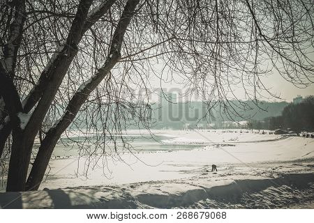 Winter Landscape With Kolomensky Park And Frozen Moscow-river, Vintage. Photo Tinted