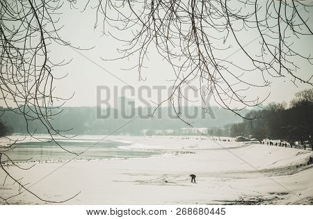 Winter Landscape With Kolomensky Park And Frozen Moscow-river, Retro. Photo Tinted