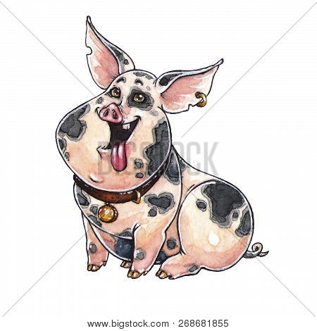 Cartoon Mini Pig For 2019 Chinese New Year Design. Watercolor Painted Funny And Fat Piggy Character 