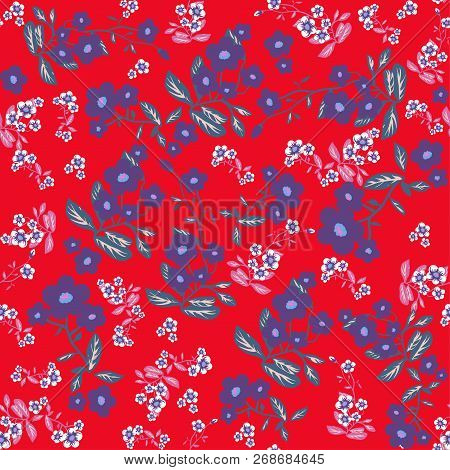 Flowers Seamless Pattern. Vector Red Folk Background For Prints, Wrapping, Texlile