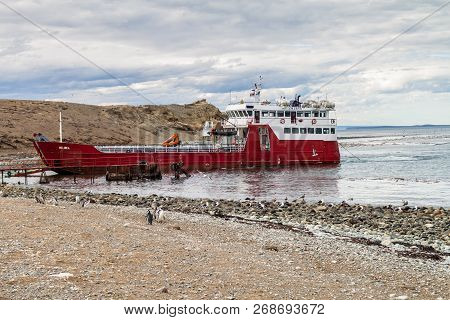 Isla Magdalena, Chile - March 4, 2015: Ferry With Tourists Arrive At Penguin Colony On Isla Magdalen