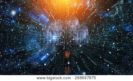 Panoramic Looking Into Deep Space. Dark Night Sky Full Of Stars. The Nebula In Outer Space.
