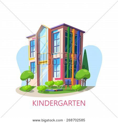 Kindergarten Or Preschool Education Building, Nursery. Exterior View On Children Learning Constructi