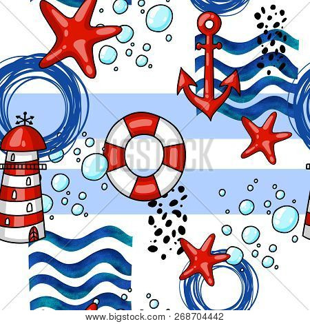 Hand Drawn Cartoon Marine Seamless Pattern With Anchors Lifebuoys Lighthouse And Starfish