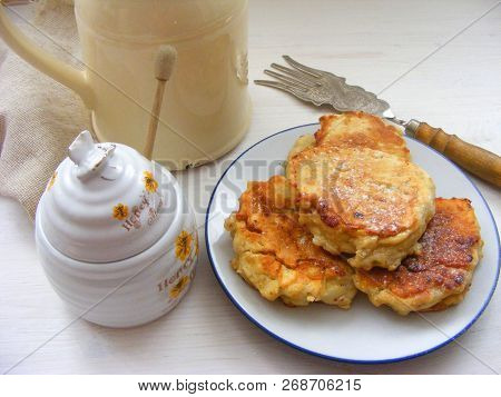 Traditional Russian Cuisine : Pancakes  With Oak Flakes On  Shabby White Wooden Background With Rust