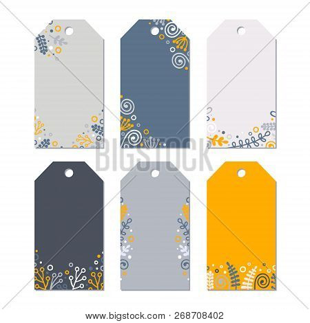 Set Of Six Printable Tags With Hand Drawn Decor. Isolated. Floral Design, Vector Illustration. Doodl