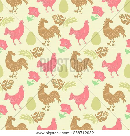 Easter. Festive Background With Chicken, Rooster, Eggs And Flowers. Seamless