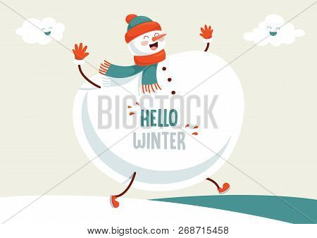 Vector Illustration Of Winter Scene And Snowman