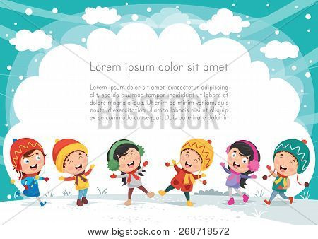 Vector Illustration Of Winter Scene And Cute Kids