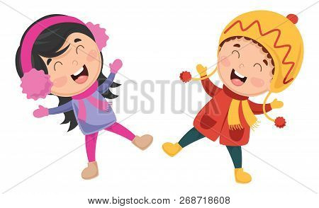 Vector Illustration Of Winter Cute And Funny Kids