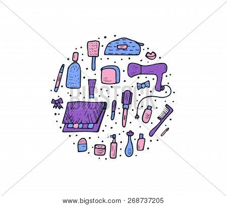 Vector Round Concept Of Beauty Items. Set Of Doodle Style Cosmetic Tools. Makeup Collection.