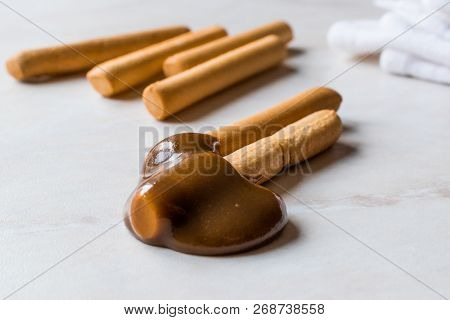 Turkish Tahin Pekmez / Tahini And Molasses With Salty Pretzel Stick Crackers