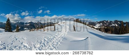 Winter  Morning Scenery Picturesque Mountain Rural Snow Covered Path And Footprint On Hill Top (ukra