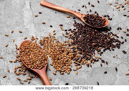 malted grains in a wooden spoon closeup. Mixed varieties of malted grain on a gray background. close-up. top view. flat lay. series of photos. space