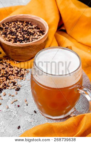 Malt grain and a glass of beer. Mixed varieties of malted grain on a gray background. close-up. top view. flat lay. series of photos. space