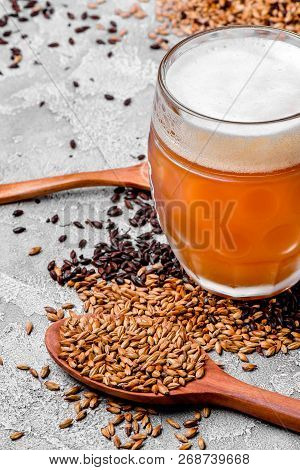 Malt grain and a glass of beer. Mixed varieties of malted grain on a gray background. close-up. top view. flat lay. series of photos. space