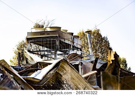 Damaged Supermarket Boiler Room With Ventilation, Turbine, After Arson Fire With Burn Black Dark Deb